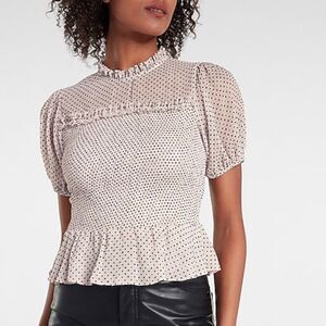 Express Light Blush Pink Dot Peplum Cropped Puff Sleeve Top